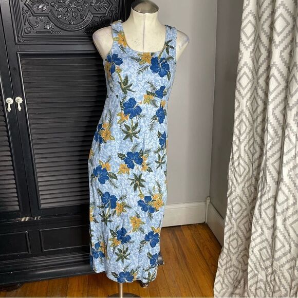 Hilo Hattie Womens Sundress Blue Floral Hawaiian‎ Midi Sleeveless 4 - Picture 1 of 8